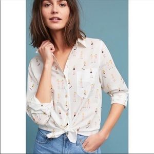 Anthropologie Acote White Roller Skate Girl Button Up Blouse